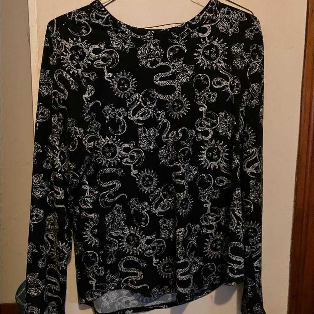 No Boundaries Black Long Sleeve Tee with White Celestial & Snake Print